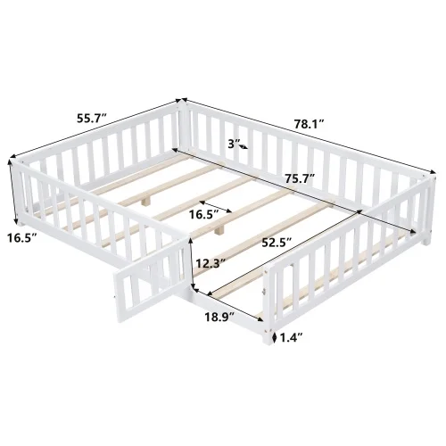 ZJbiubiuHome Full Size Floor Platform Bed with Fence and Door for   Montessori Floor Bed Frame with Support Slats for Toddlers  Wooden Floor Bed Grey