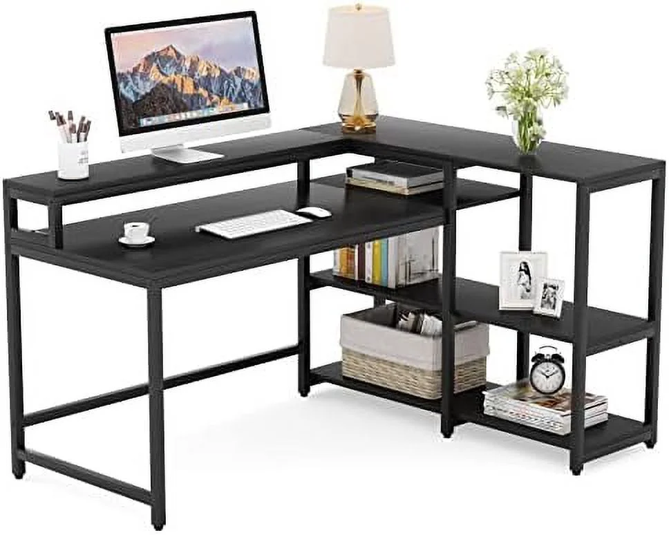 CKPFVY 53 Inch Reversible L Shaped Desk with    Modern Black Marble Corner Desk with Shelves and Monitor Stand  Gaming Desk for Home Office （53" D x 41" W）