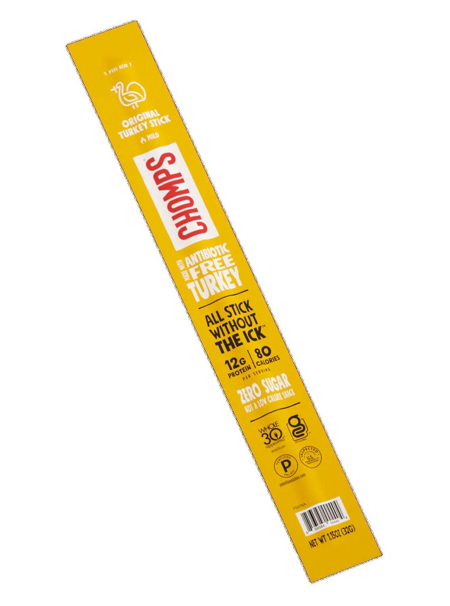 Chomps Free Range Original Turkey Jerky Meat Snack Sticks, Keto, Paleo, Whole30 Approved, Low Carb, High Protein, Sugar Free, Gluten Free, 24ct 1.15oz