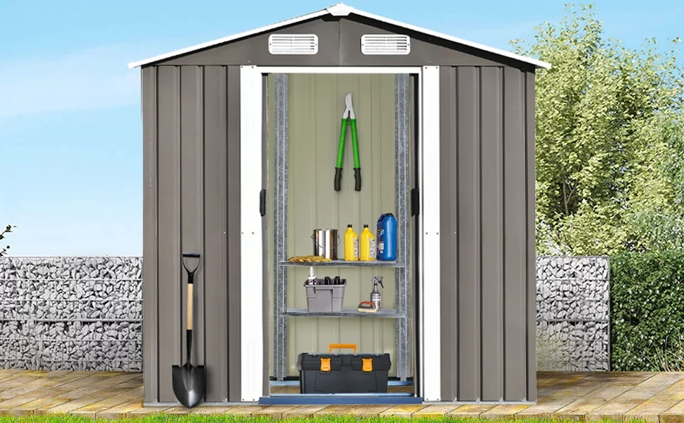 6ft x4ft Bike Shed Garden Shed, Metal Storage Shed with Adjustable Shelf and Lockable Door, Tool Cabinet with Vents and Foundation for Backyard, Lawn, Garden, Gray