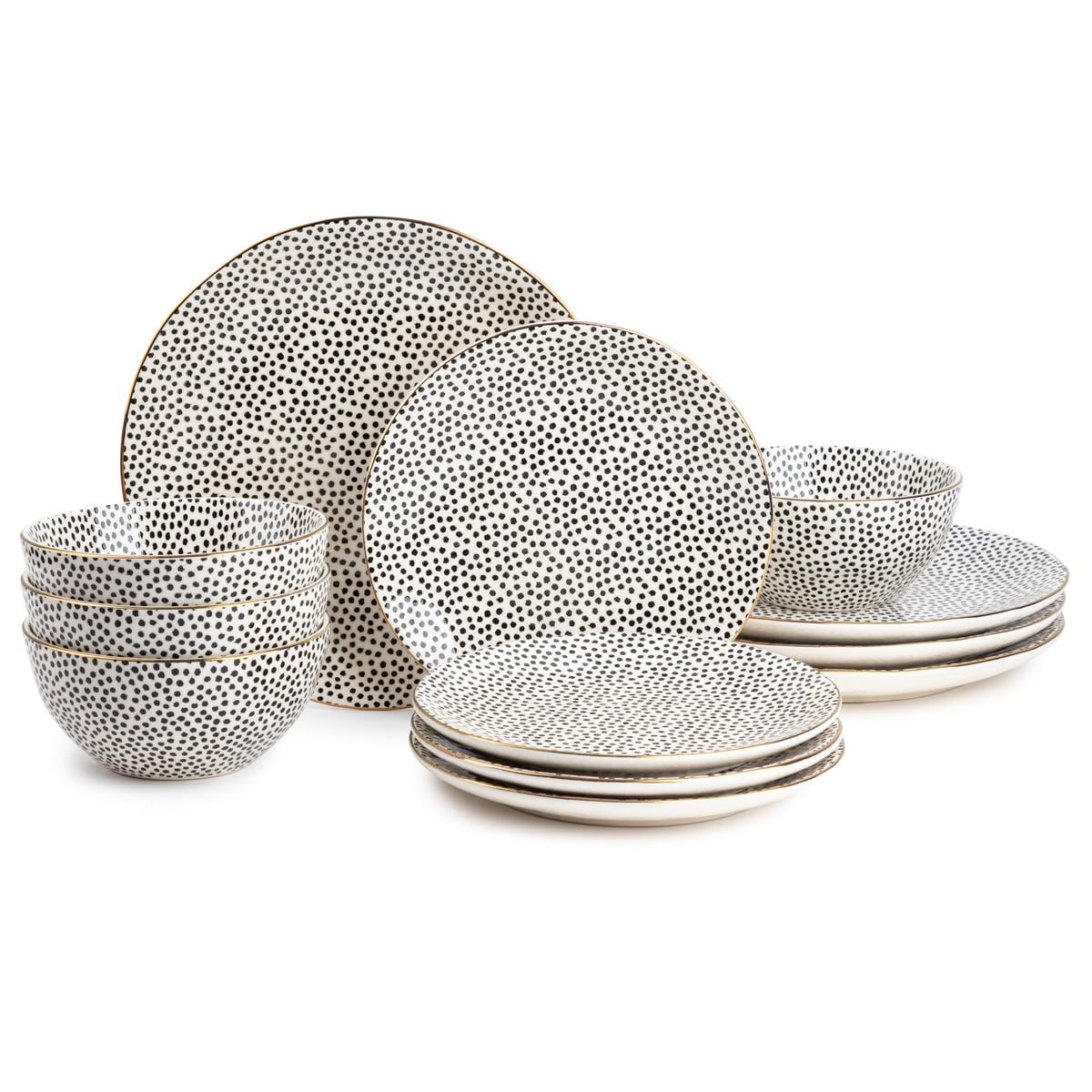 Dinnerware Black & White Dot Stoneware  12 Piece Set
