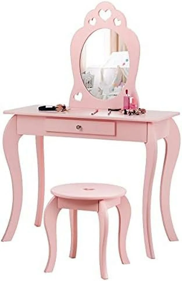 SQSFCB Vanity Set with Mirror  Toddler Wooden Vanity Table with Stool & Drawer  Removable Top  Princess Pretend Play Beauty  Dressing Table Playset for Little Girls(White)