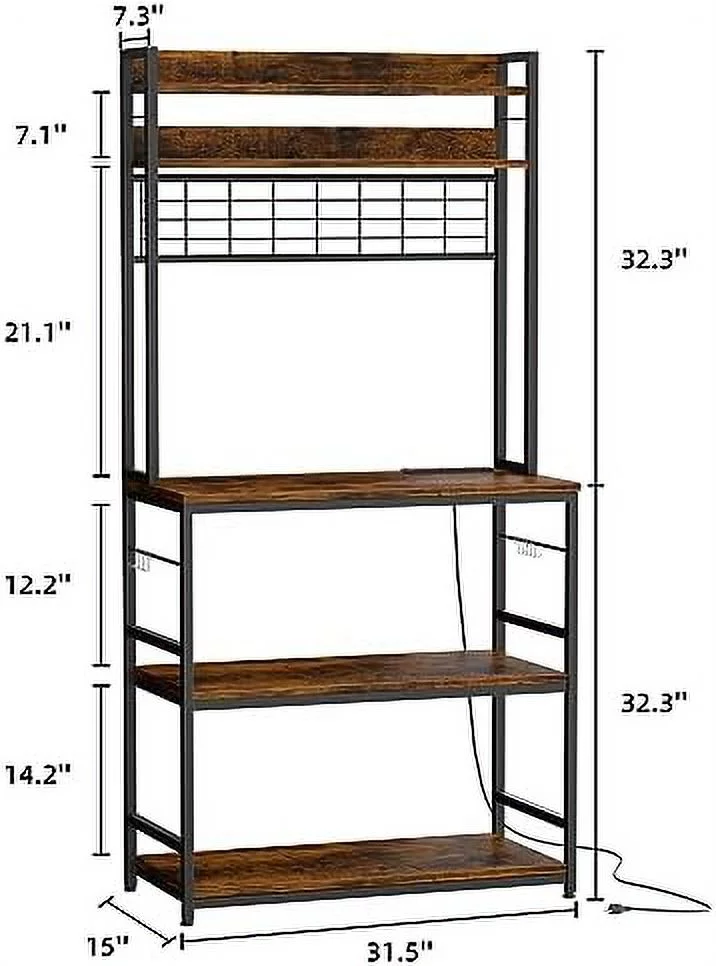 xrboomlife Kitchen Bakers Rack with Power Outlet  Coffee  Cabinet  Kitchen Racks with  Cabinet  5-Tier Microwave Stand with 10 Hooks and Metal Wire Panel (31.5''  Gray)