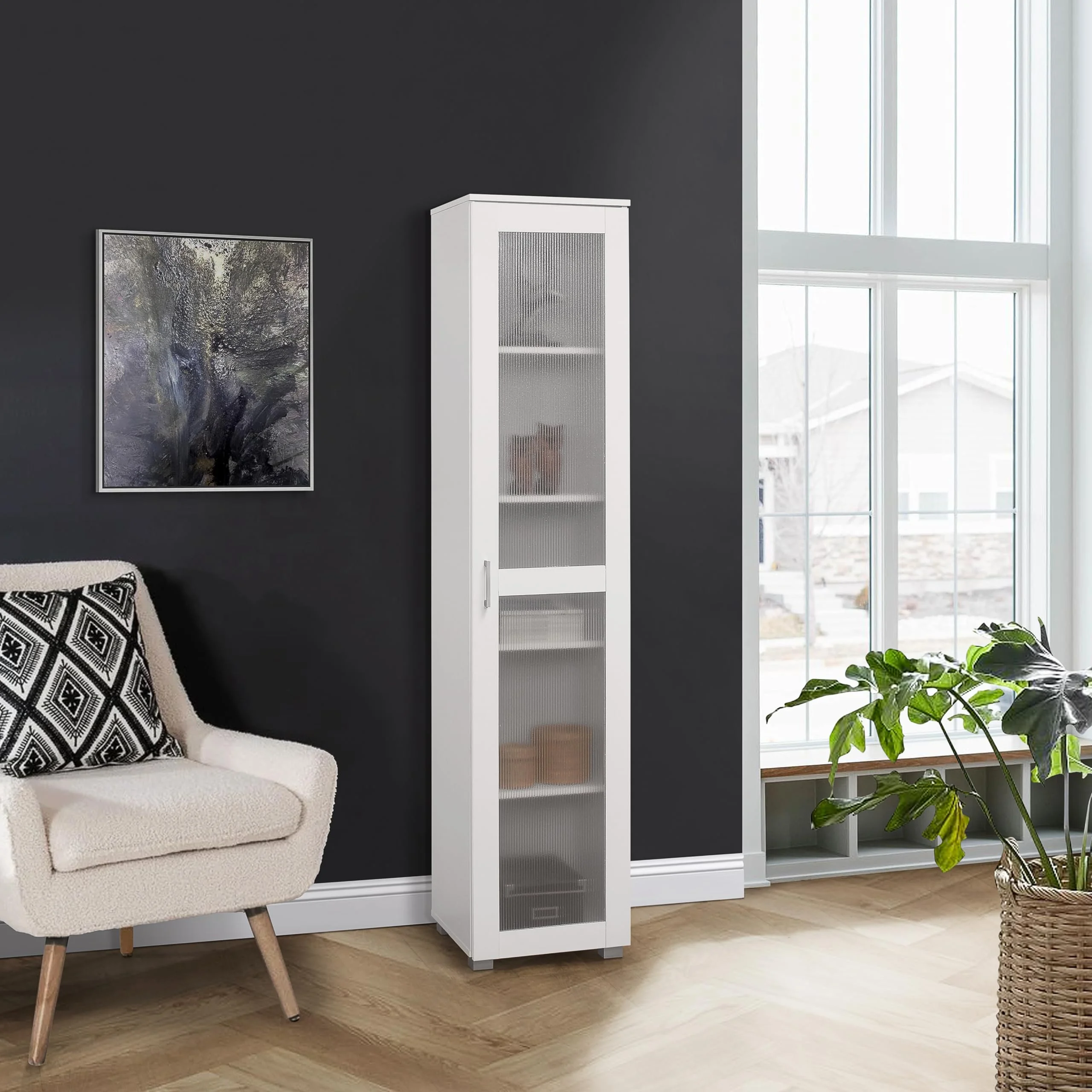 Kings Brand Furniture Romero Tall Curio Storage Cabinet with Doors - 5 Storage Shelving & 1 Glass Door Display & Corner Bookshelf Perfect for Living Room, Kitchen, Bedroom & Office (White)