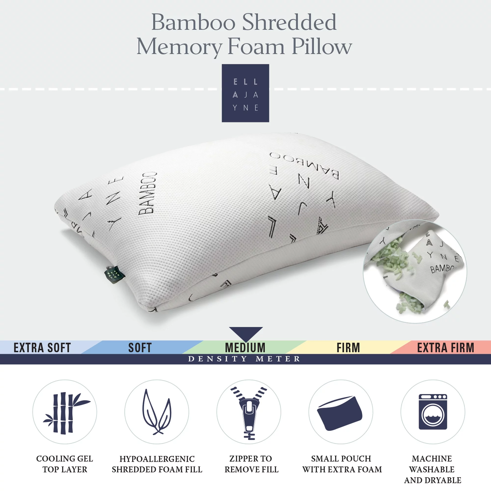 Ella Jayne Shredded Bamboo Memory Foam Pillow, Adjustable Density, with Extra Fill and Carry Pouch - Standard/Queen