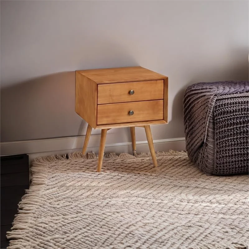 Modern 2 Drawer Solid Wood Bedside Nightstand In Caramel