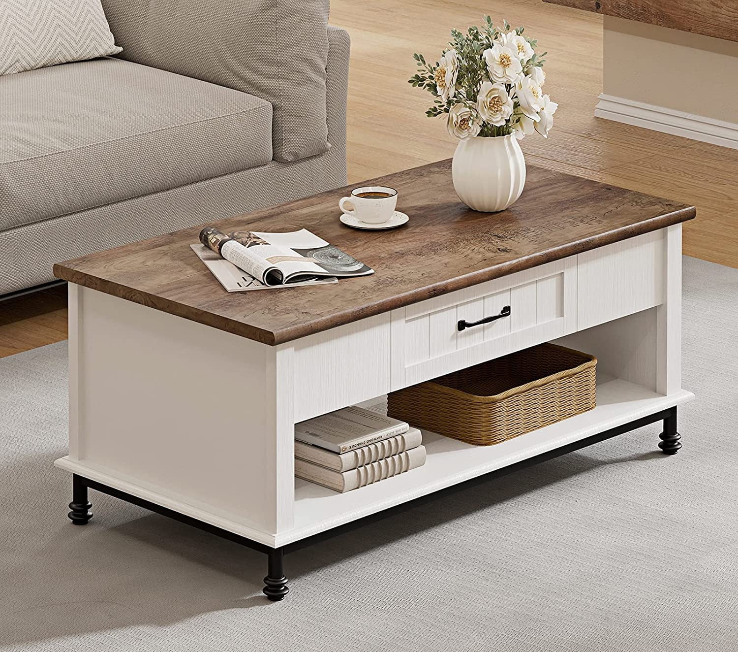 WAMPAT White Modern Farmhouse Coffee Table, Large Rectangle Center Table with 1 Drawer and Open Storage Shelf for Living Room, 42