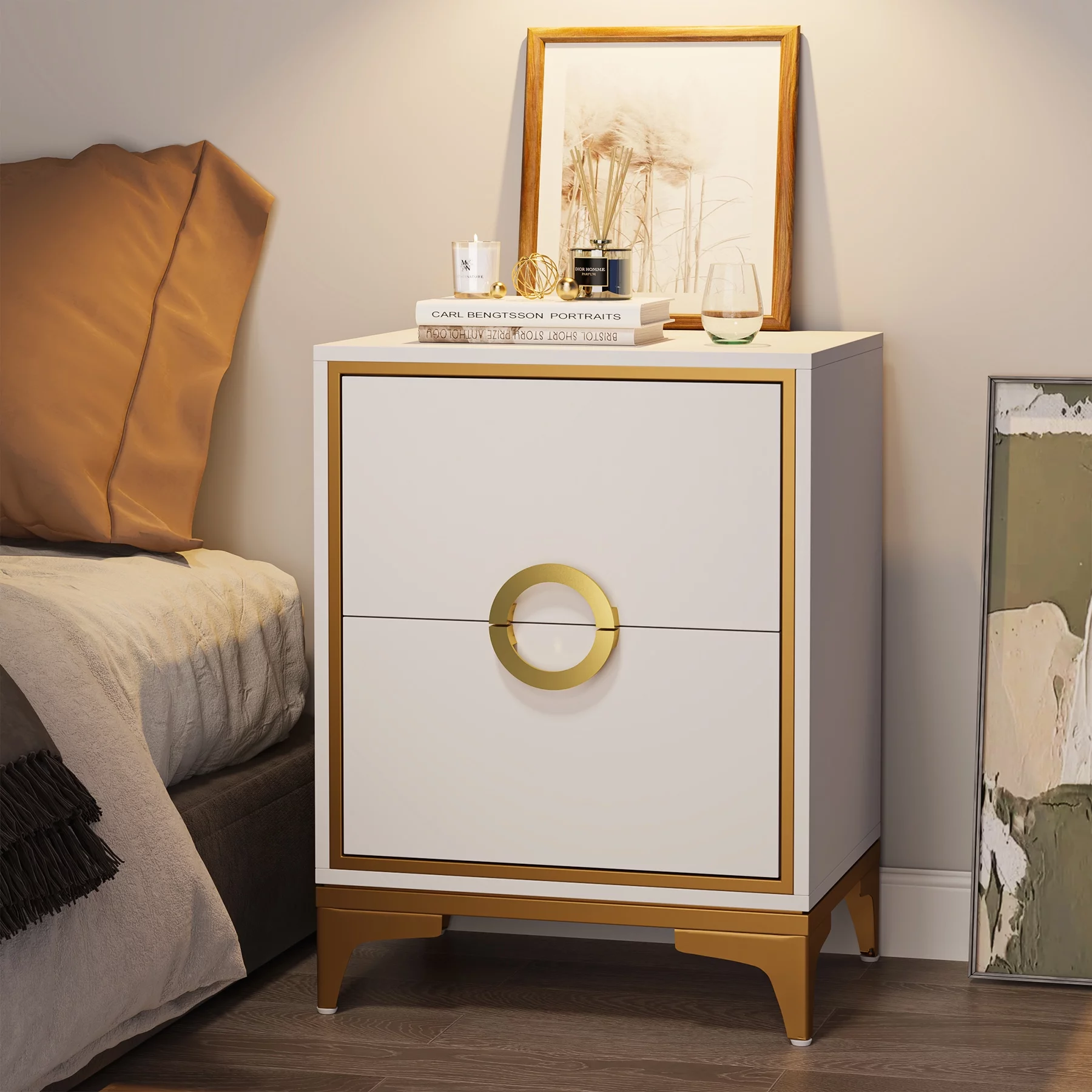 Tribesigns 2-Drawer White and Gold Nightstand, Bedside Table Night Stands for Bedroom