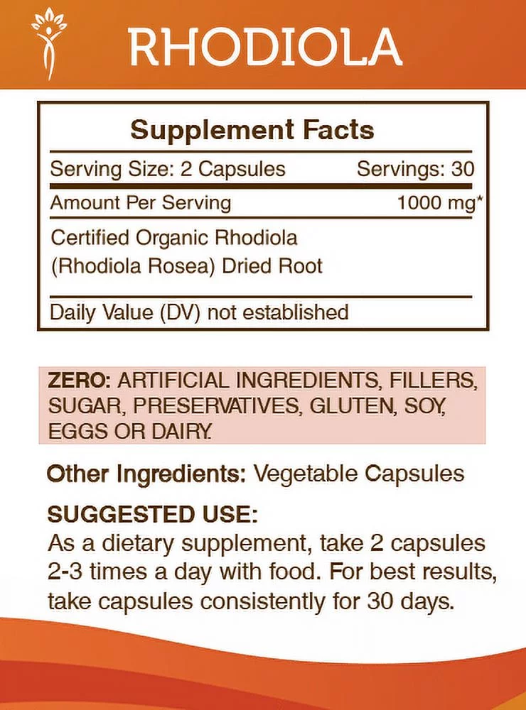 Secrets of the Tribe Rhodiola 60 Capsules, 500 mg, Organic Rhodiola (Rhodiola Rosea) Dried Root