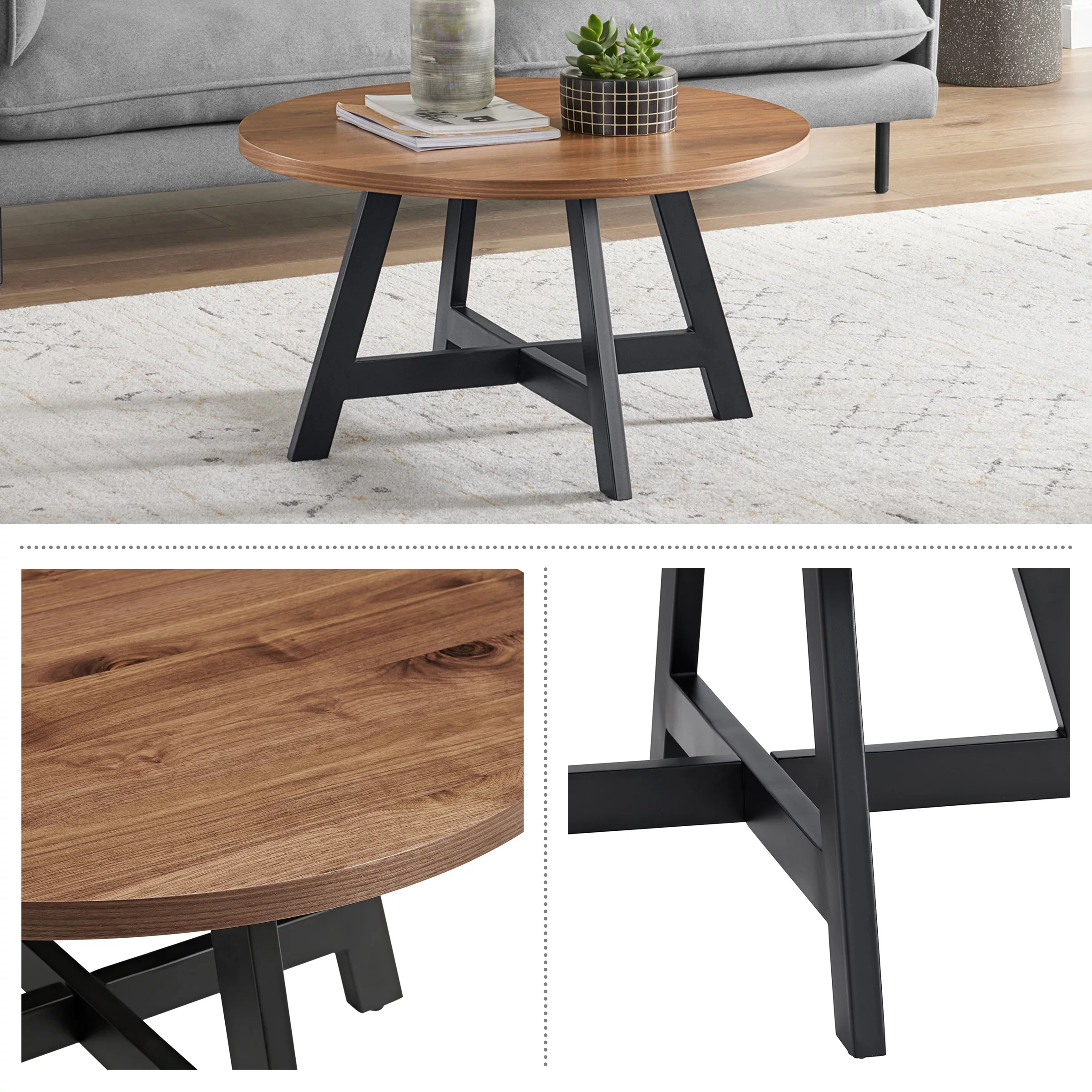 Lavish Home Industrial Modern Round Coffee Table with Metal Base (Walnut)