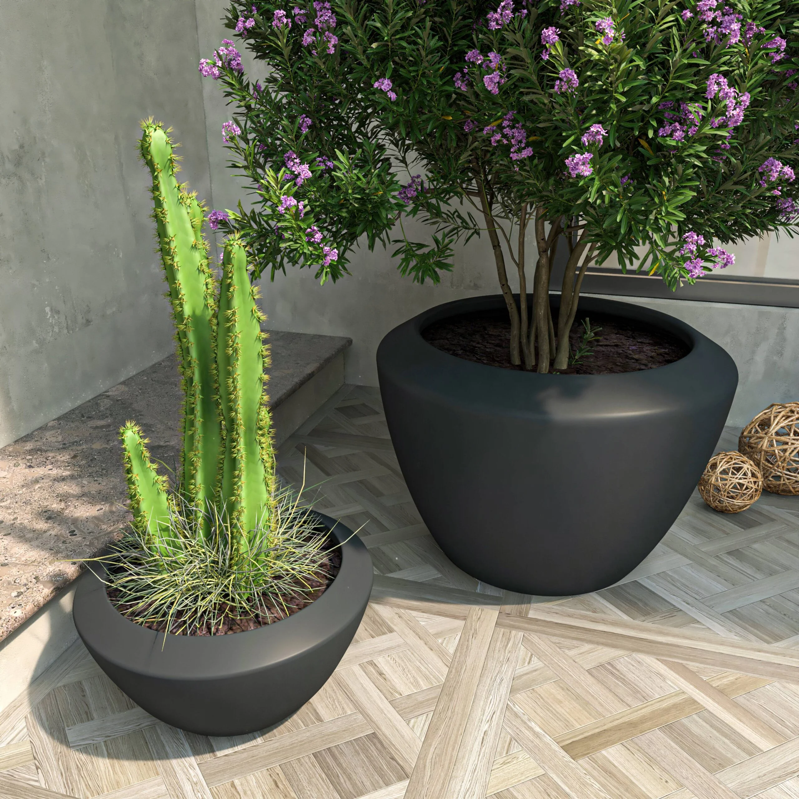 LeisureMod Vessel 2-Piece Fiberstone and MGO Clay Planter Set, Mid-Century Modern Round Planter Pot for Indoor and Outdoor Home