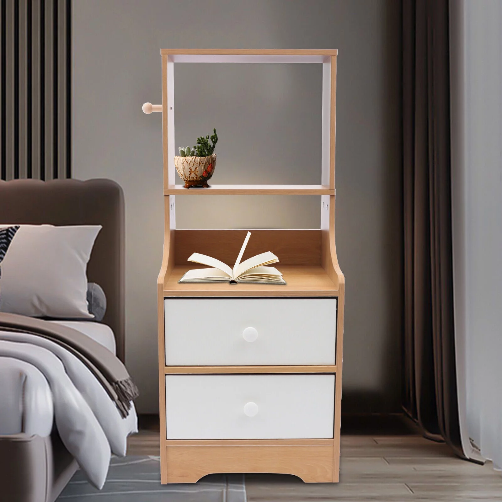 TFCFL Modern Tall Bedside Table Modern 2 IN 1 Nightstand with 2 Drawers+hat Hanging Hook