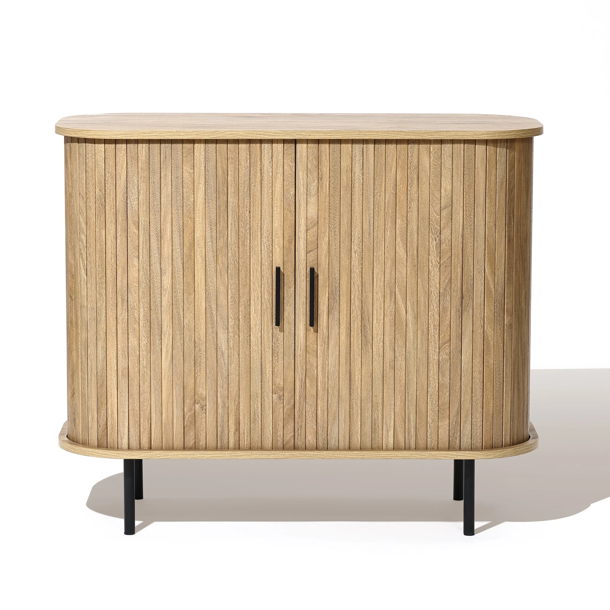 LuxenHome Mid-Century Modern 2-Door Accent Cabinet with Slatted Sliding Doors