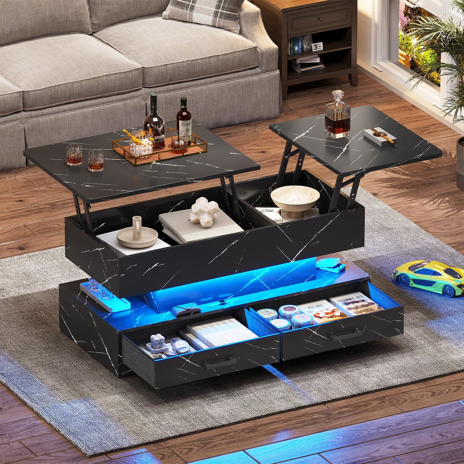 Lift Top Coffee Table with 2 Fabric Drawers, Modern 40