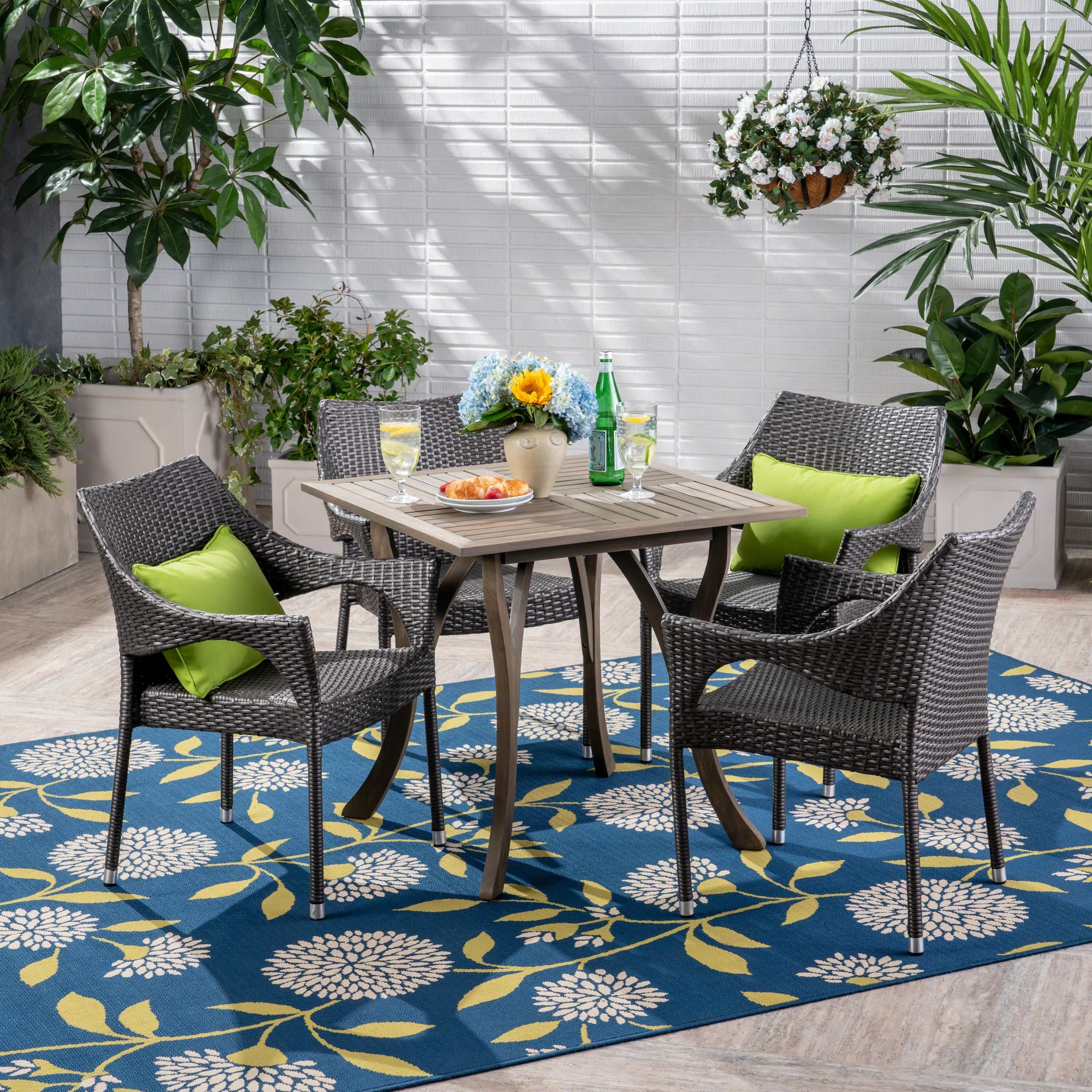 GDF Studio Tiernan Outdoor Acacia Wood and Wicker 5 Piece Dining Set, Gray