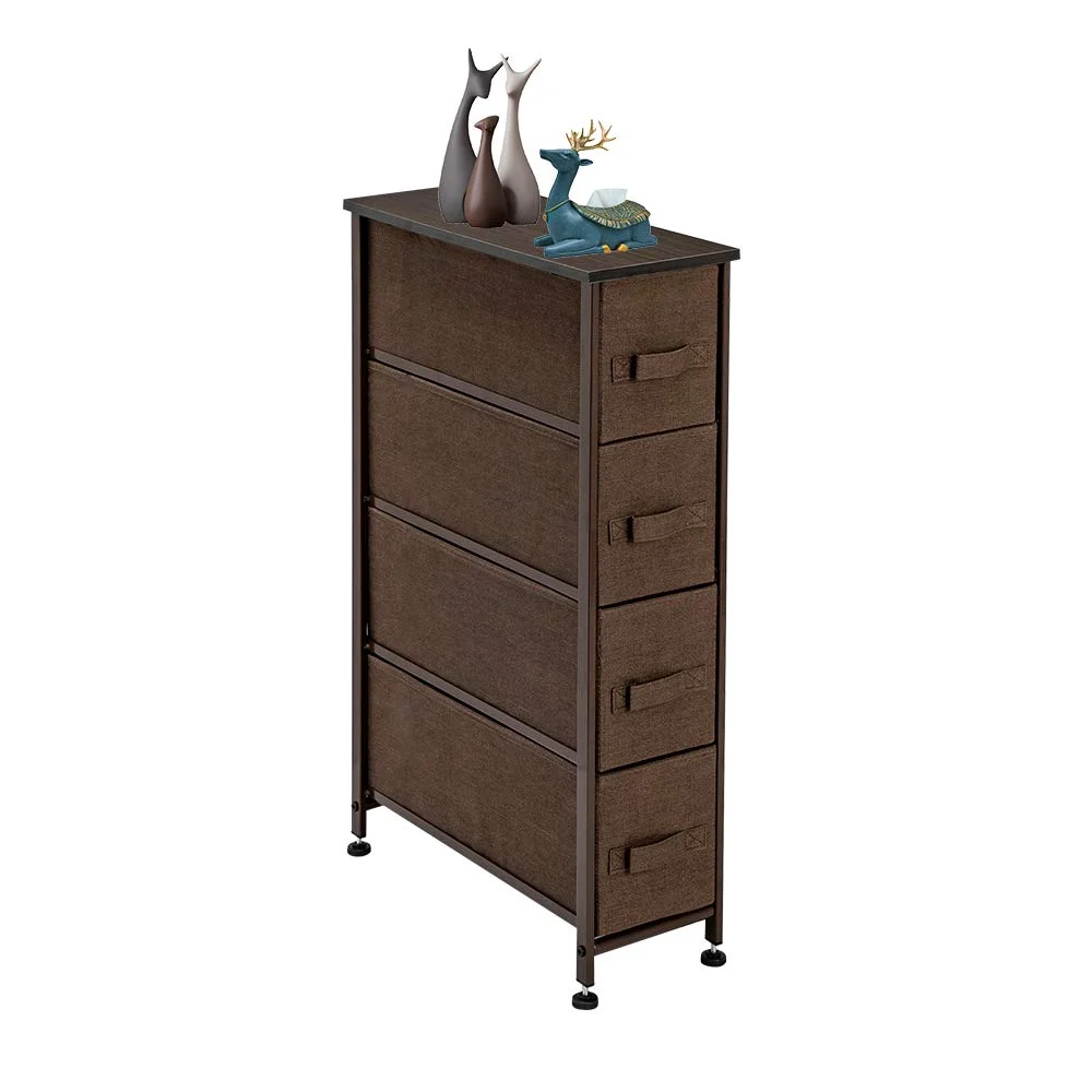 Narrow Dresser, Slim Storage Tower with 4 Fabric Drawers, Vertical Storage unit for Living Room, Kitchen, Gap, Small Space, 8 x 19 x 30 Inch, Brown