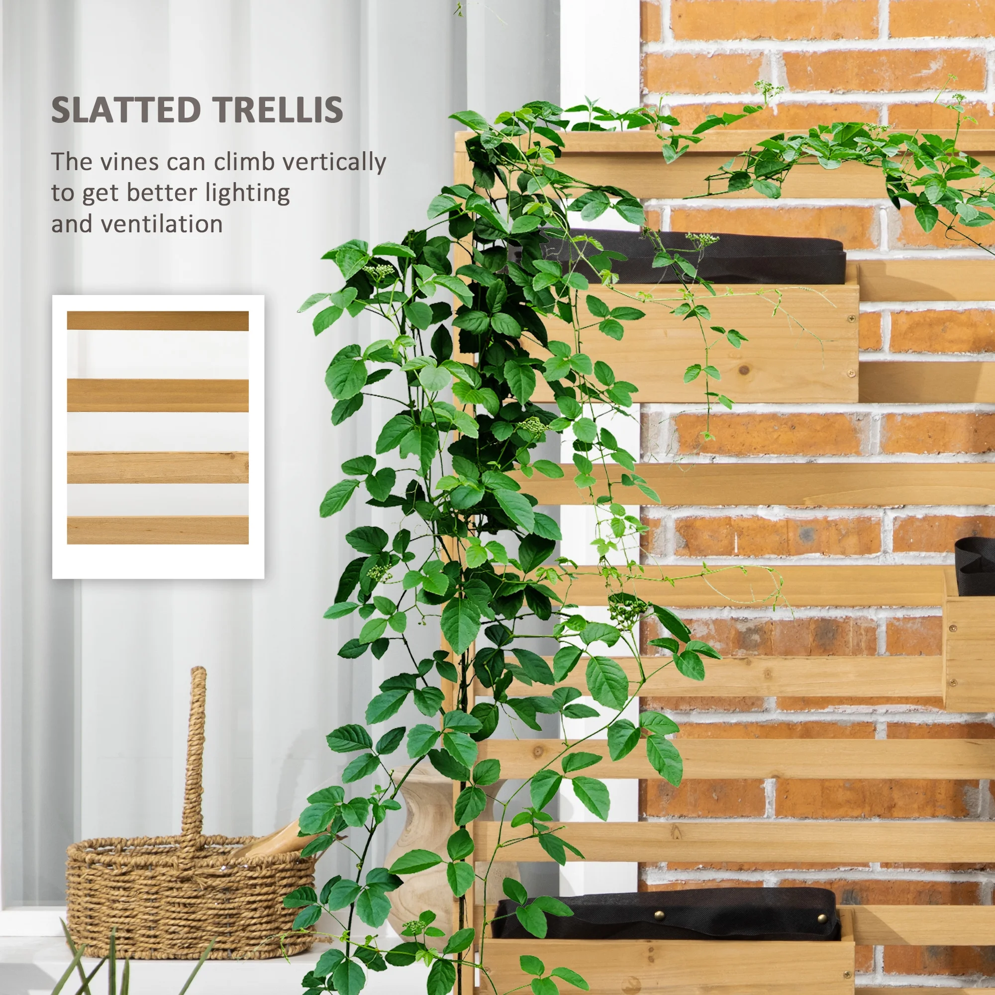 Outsunny Plant Stand with 5 Hanging Planter Boxes Slatted Trellis, Natural