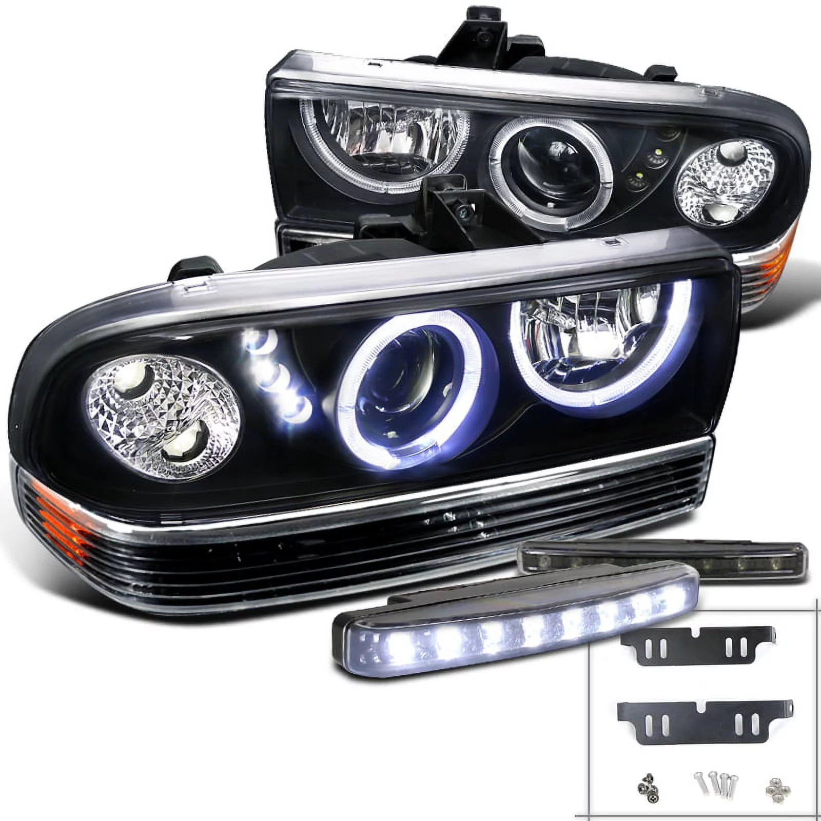 Spec-D Tuning Black Halo SMD Projector Headlights + 8-LED Fog Lamps Compatible with Chevy Blazer S10 Left + Right Pair Headlamps Assembly