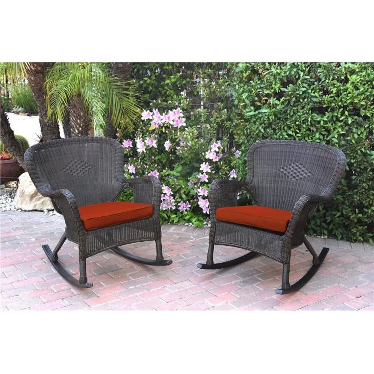Jeco W00215-R-2-FS018 Windsor Espresso Resin Wicker Rocker Chair with Red Cushion - Set of 2