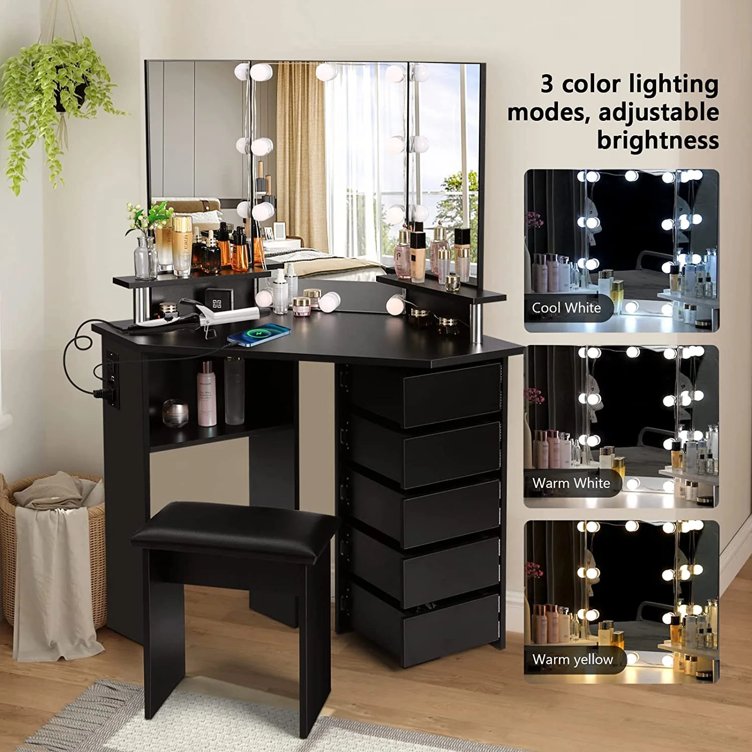 Vanity with Lights - Makeup Vanity Desk with Power Outlet, 3 Color Lighting Options Brightness Adjustable, Vanity Table with 5 Rotating Drawers, Shelves and Stool, Corner Vanity for Women Girls