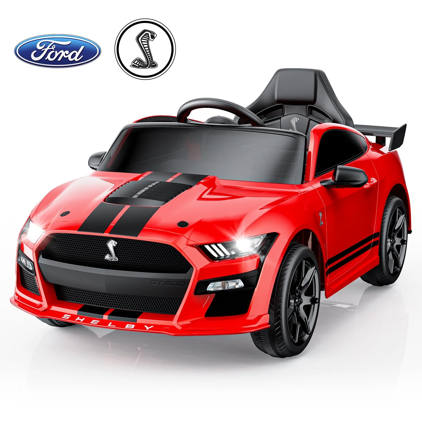 HHVEL 12V Licensed Ford Mustang Shelby GT500 Car, Electric Vehicle Toy for Kids/Toddlers with Spring Suspension,Remote Control,Music Player,LED Lights for Ages 3+,Red