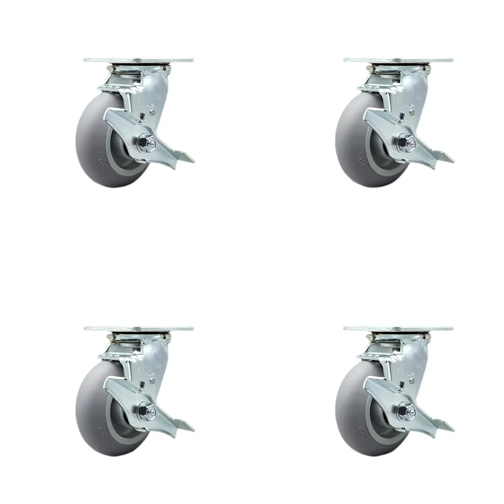 Heavy Duty Swivel Caster Set of 4 with 5 Inch Thermoplastic Rubber Donut Tread Wheels and Ball Bearings - Includes 4 Swivel with Top Lock Brakes - 1,400 lbs. Total Capacity - Service Caster Brand