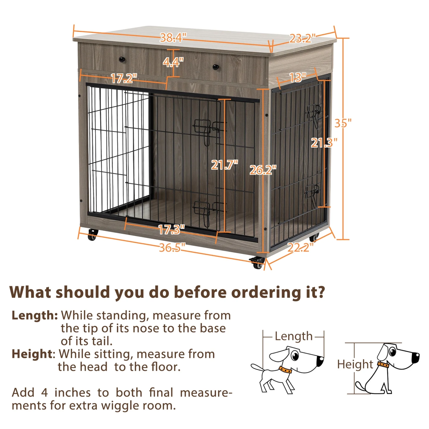 DremFaryoyo Dog Crate   Wooden Dog Crate End   38.4 Inch Dog Kennel with 2 Drawers   Heavy Duty Dog Crate  Decorative Pet Crate Dog Cage for Large Indoor Use (Grey) 38.4” L×23.2” W×35” H