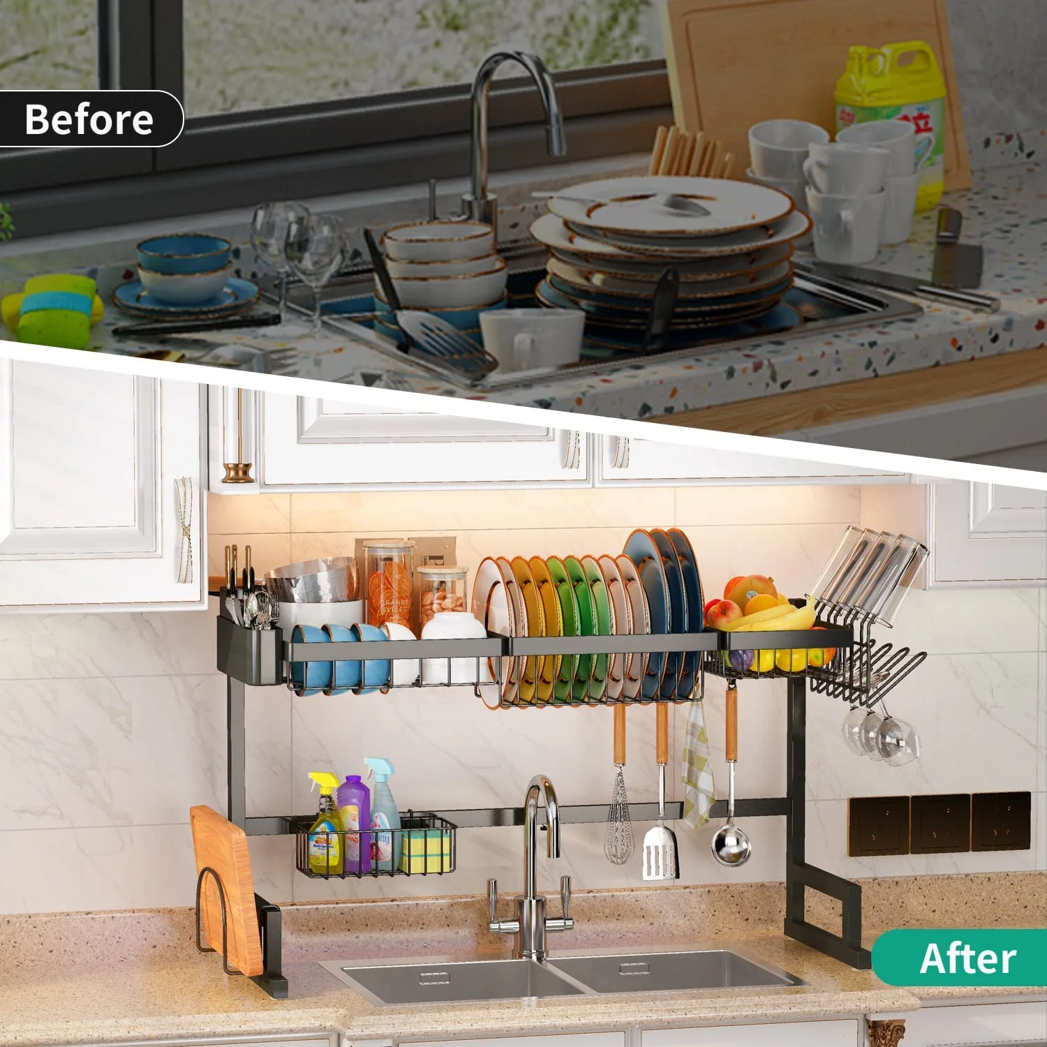 ADBIU Over The Sink Dish Drying Rack (Expandable Height and Length) Snap-On Design 2 Tier Large Dish Rack Stainless Steel (24