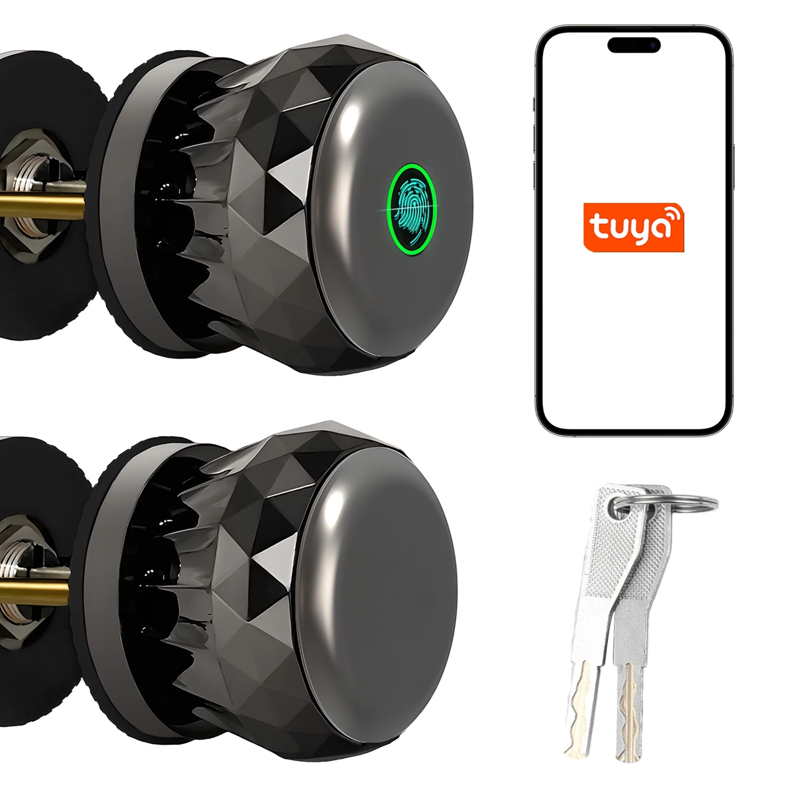 Anself Smart Fingerprint Door Knob, Keyless Entry Lock, App Control, 2 Keys, Biometric, Aluminum Alloy, Bedroom/Cloakroom/Apartment/Office