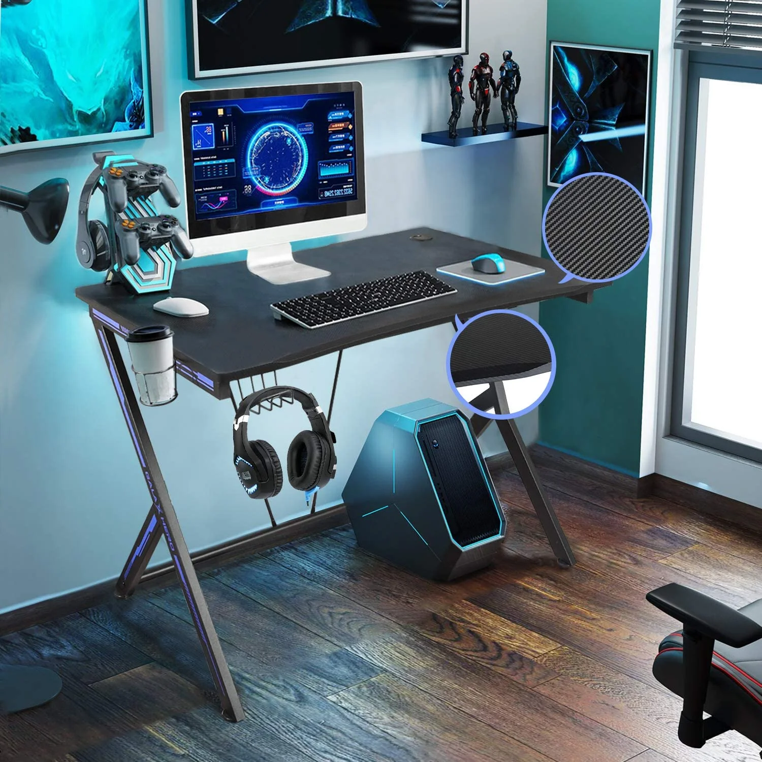 xrboomlife INC 45.3'' Gaming Desk Black Computer Desk with Cup Holder and Headphone Hook Modern Gamer Workstation Game Table  45.3 x 29.2 x 30.4 in