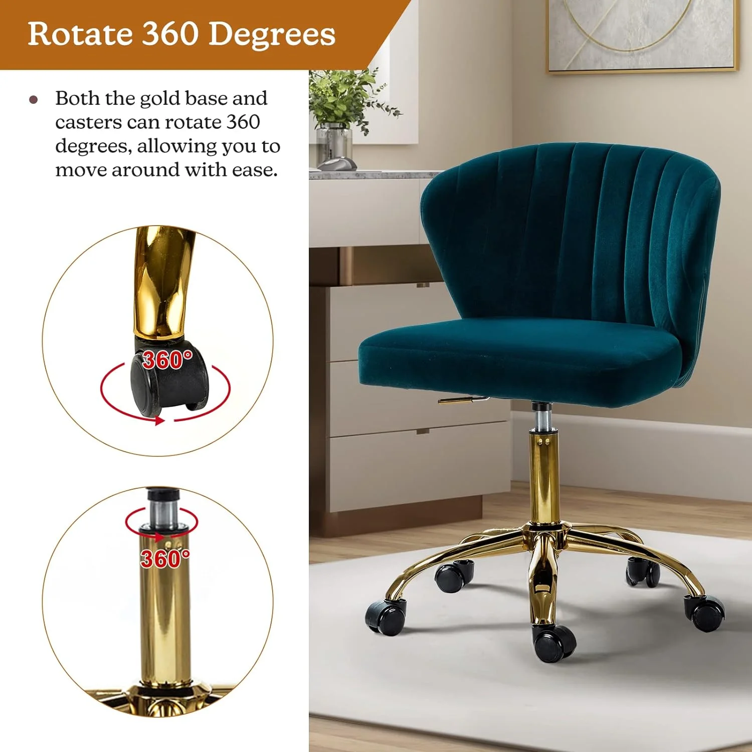 ZWGHLI TINA' Office Desk Chairs with Wheels & Gold Base  Modern Velvet Cute Armless Office Chair  Adjustable Low Back Swivel Rolling Chair  Upholstered Task Chair  Room Vanity Stu