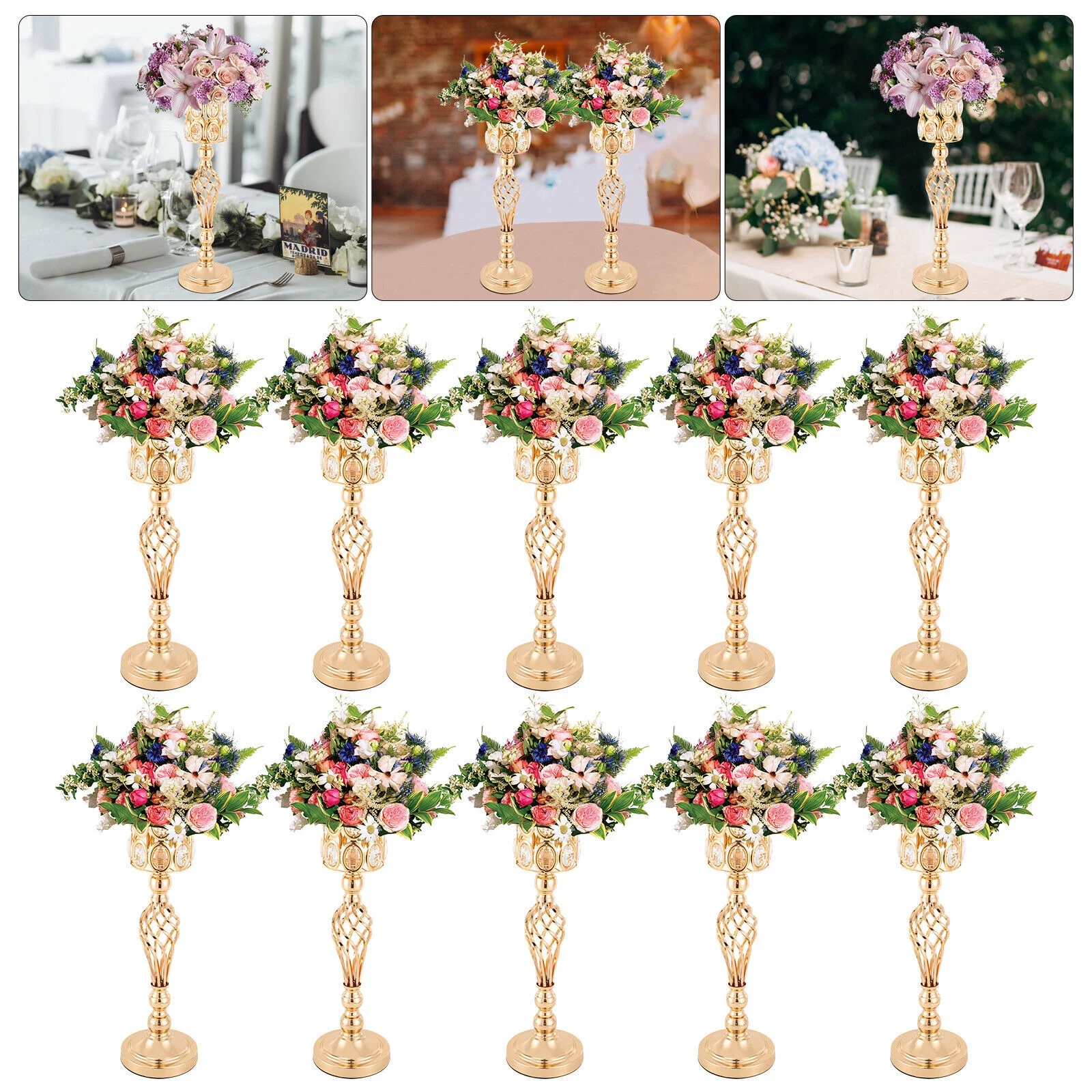 10x Wedding Flower Vases Wedding Table Centerpieces w/ Crystal Bead Gold Decor