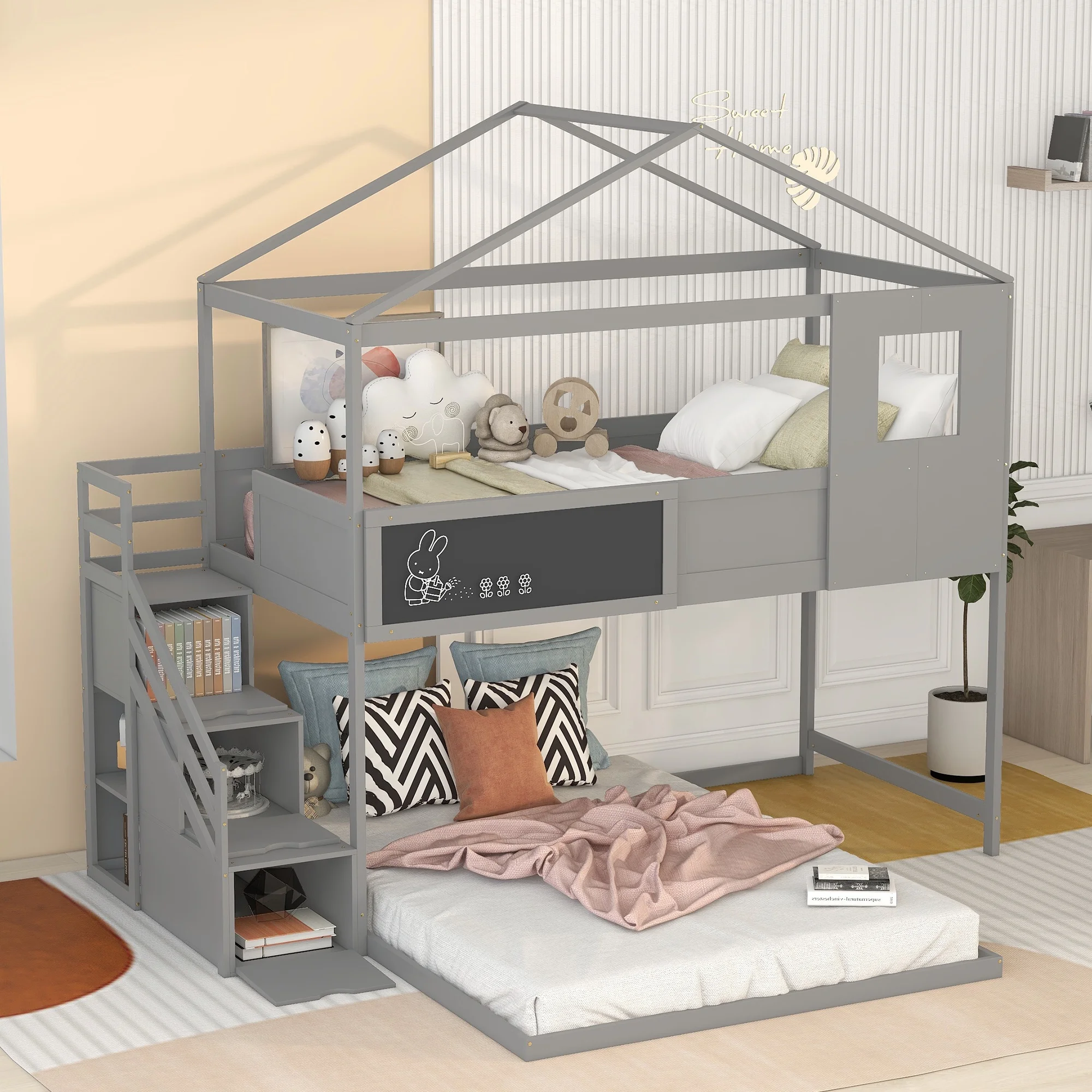 Bellemave Twin Over Full Bunk Bed with Stairs, Kids House Bunk Beds with Roof, Wood Bunk Beds with Storage and Chalkboard for Toddlers Teens Girls Boys, Grey