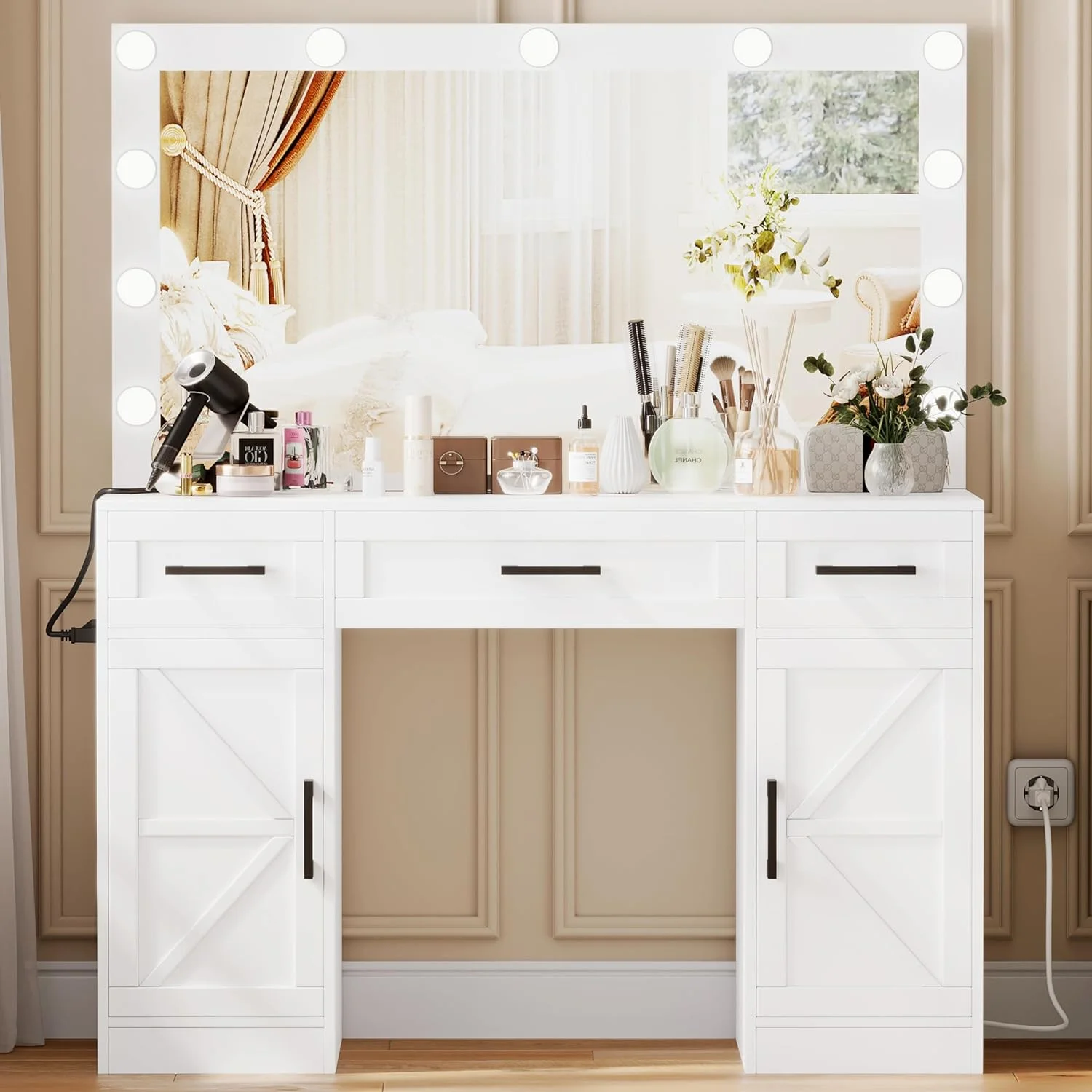 MQLIFEBOOM Farmhouse Vanity Desk with Large Lighted Mirror   Vanity with 3 Drawers and Cabinet  Vanity Table with Charging Station  3 Color Lighting Modes  White RSZT111W