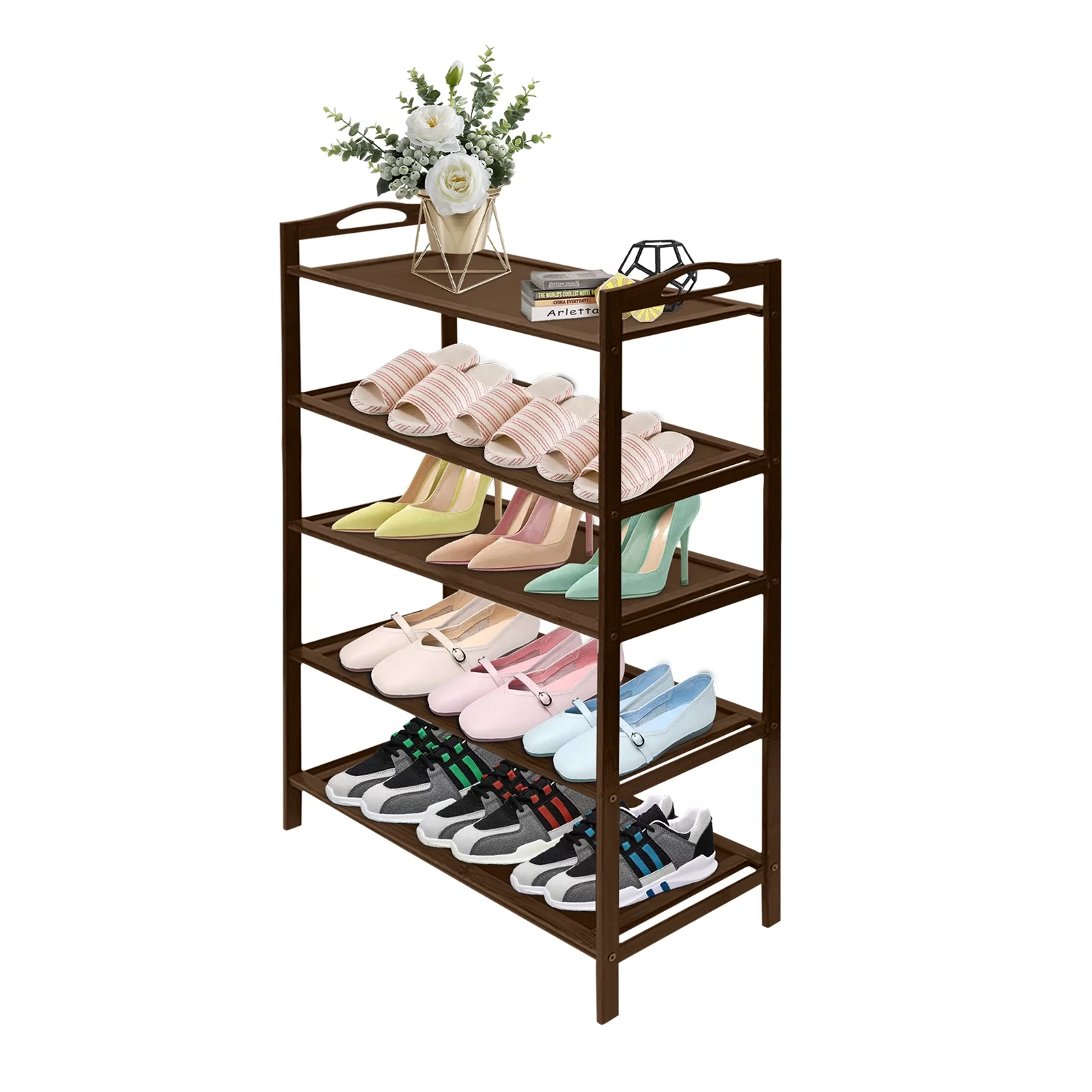 Modern 5-Tier Bamboo Shoe Rack - 15 Pairs Shoe Storage Organizer Entryway Stackable Free Standing Shoe Racks Dark Brown 27.16*9.44*34.25in