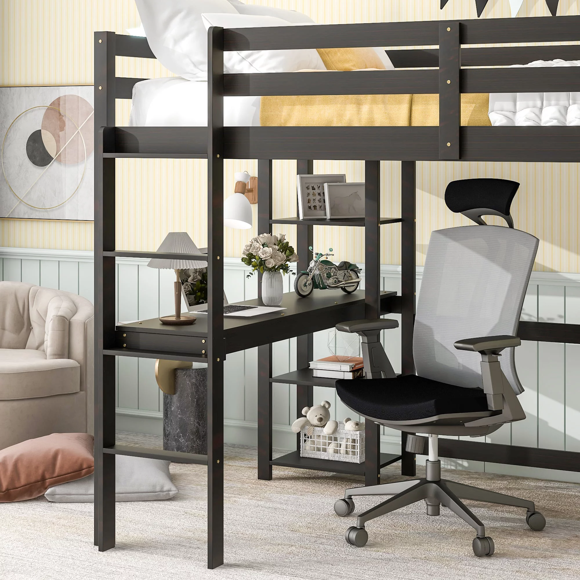 DeeHome Full Loft Bed with Desk and Shelves,Espresso