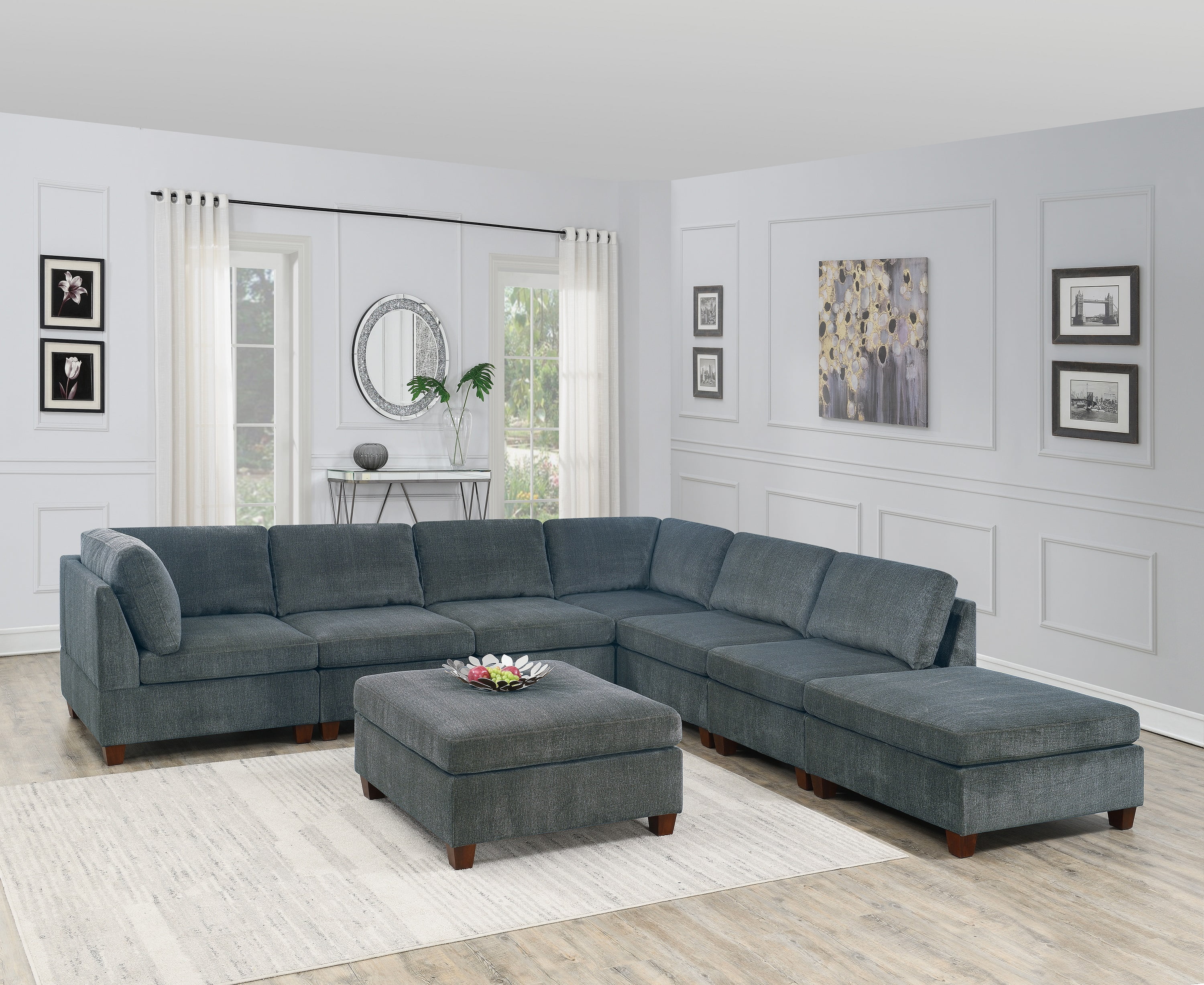 Homiyad Living Room Furniture Grey Chenille Modular Sectional 8pc Set Large Corner L-Sectional Modern Couch 2x Corner Wedge 4x Armless Chairs and 2x Ottomans Plywood