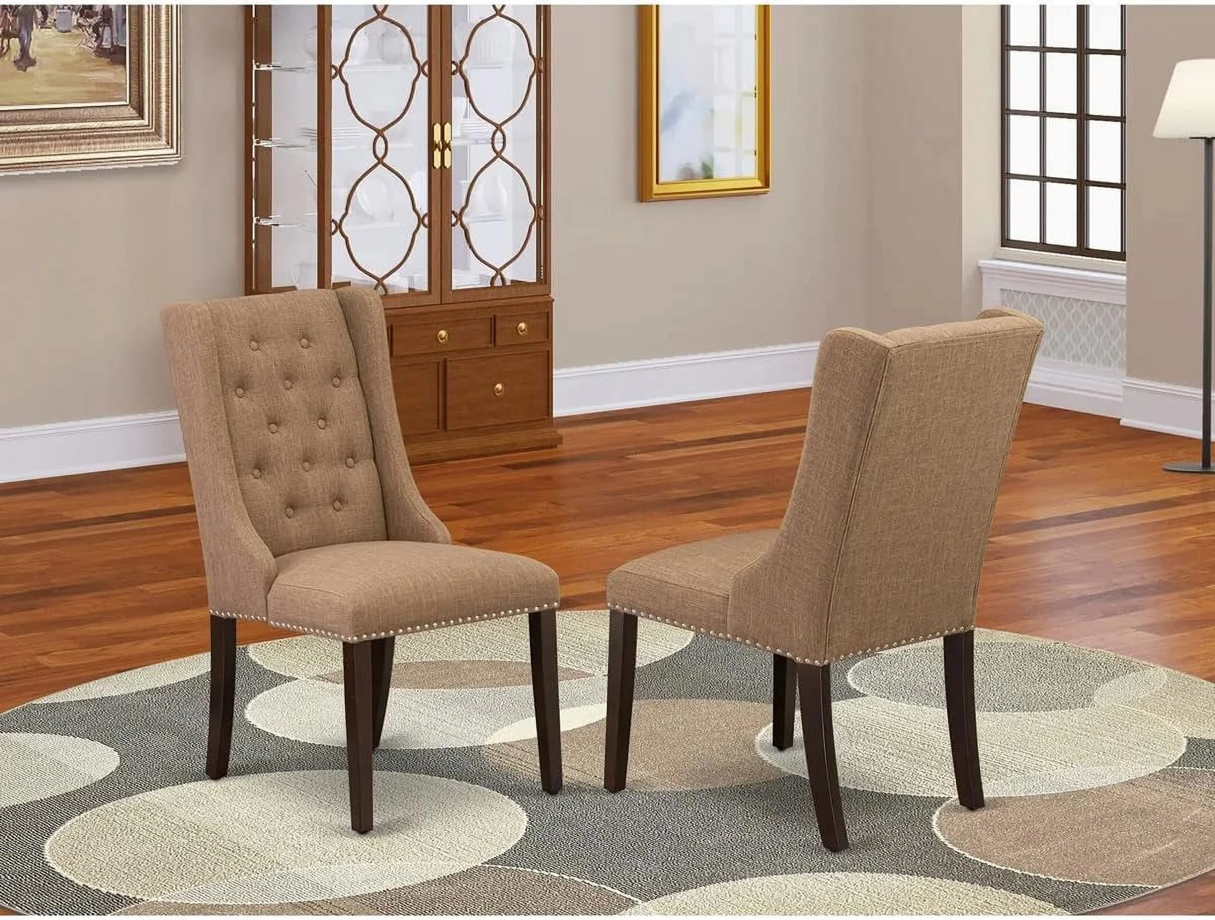 FOP3T47 Forney Parsons Dining Chairs - Button Tufted Nailhead Trim Light Sable Linen Fabric Upholstered Chairs, Set Of 2, Mahogany