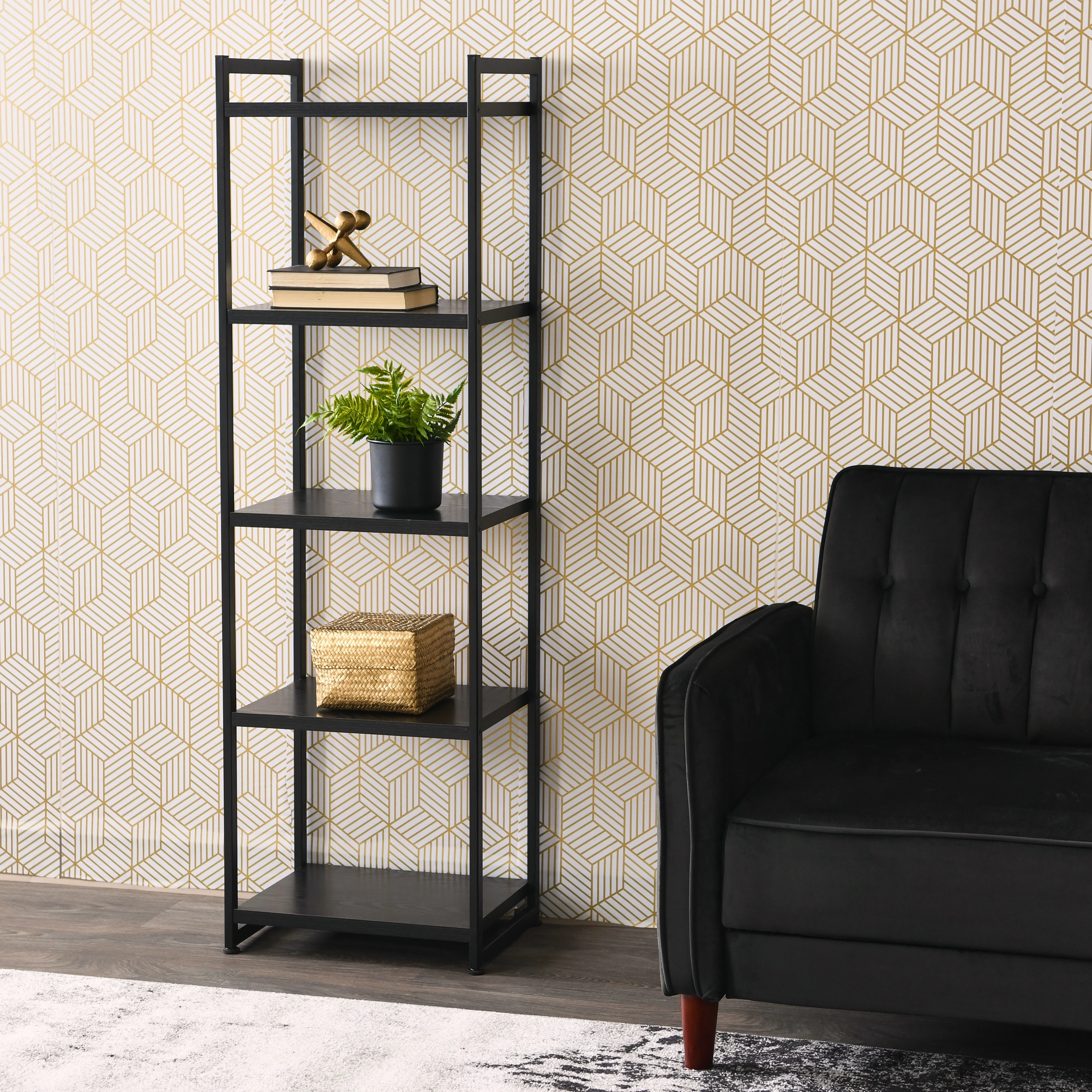 Household Essentials Tower Bookshelf, Tall and Narrow Bookshelf with 5 Shelves, Black Metal and Black Oak Woodgrain Finish, Industrial and Modern