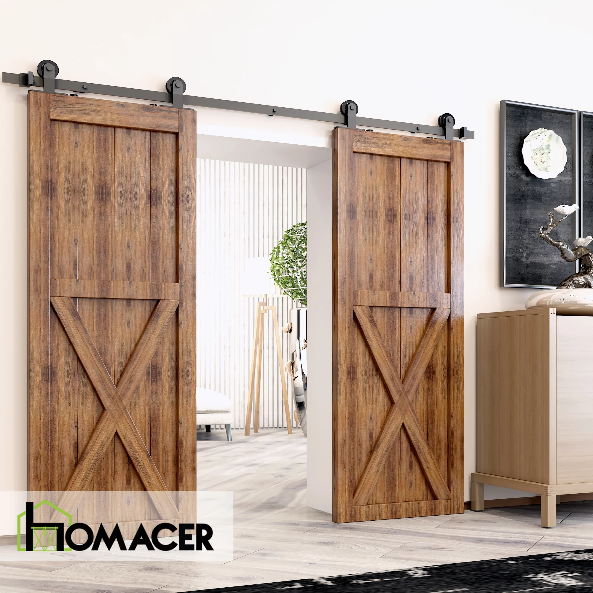 Homacer Black Rustic Sliding Barn Door Hardware Kit, for Two/Double Doors, 8ft Long Flat Track, T-Shape Design Roller, Heavy Duty, for Interior & Exterior Use