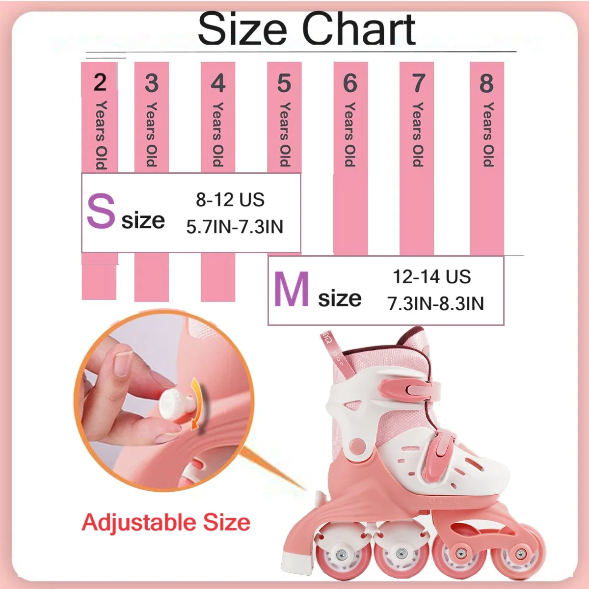 2-in-1 Roller Skates for Kids Girls Boys Inline Skates and Quad with Light up Wheels and Adjustable Sizes(S, Pink)