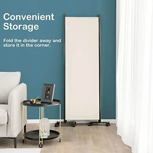 LDAILY 4 Panels Folding Room Divider, 6FT Tall Fabric Privacy Screen w/Metal Frame, Freestanding Partition Wall Divider w/Rolling Wheels for Living Room, Dining Room, Office, Hospital (White)