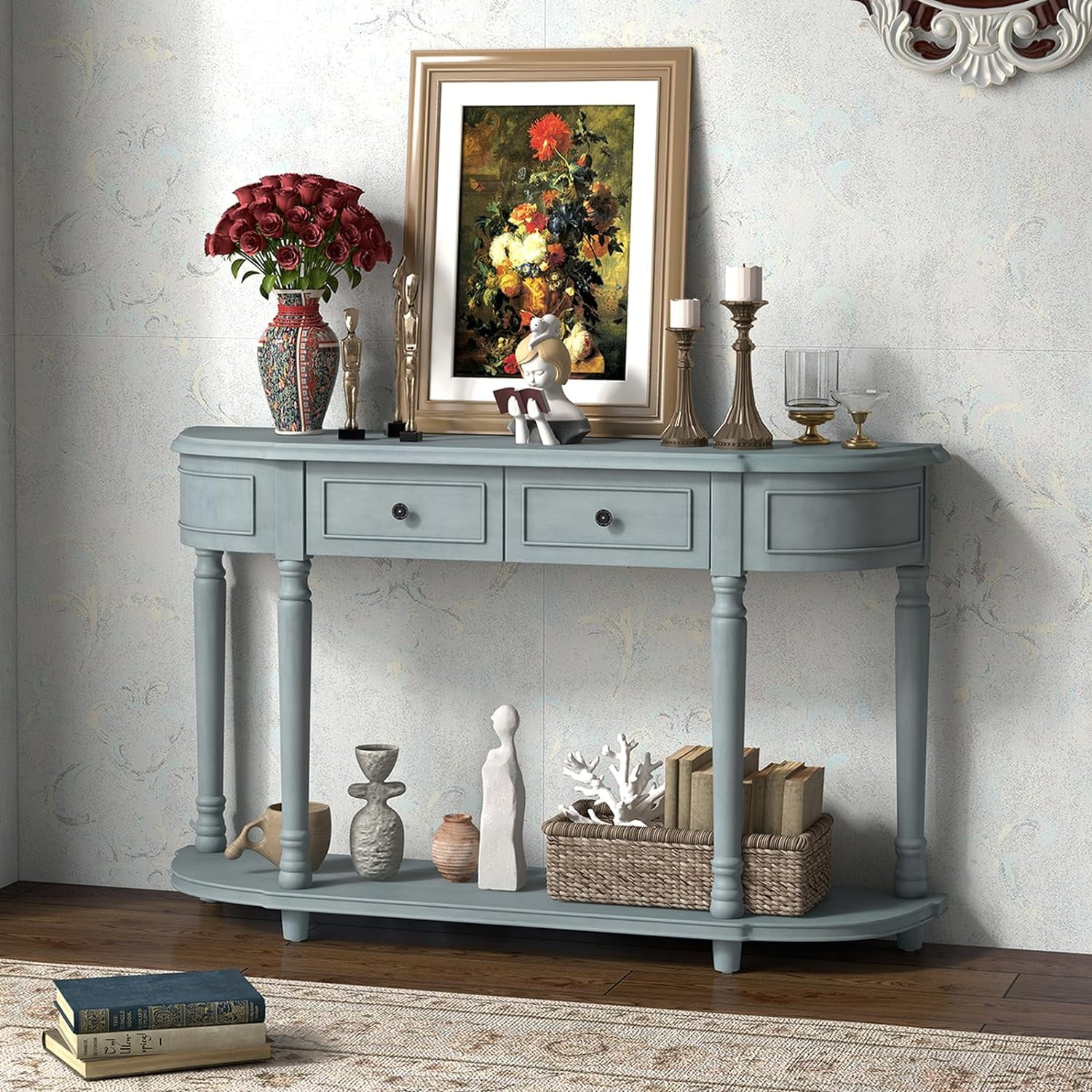 Vintage Console Table with   Wooden Entry Table with 2 Drawers  Open Shelf  Solid Wood Legs  Retro  Classic Long Narrow Sofa Table for Entryway  Living Room  Hallway  Blue