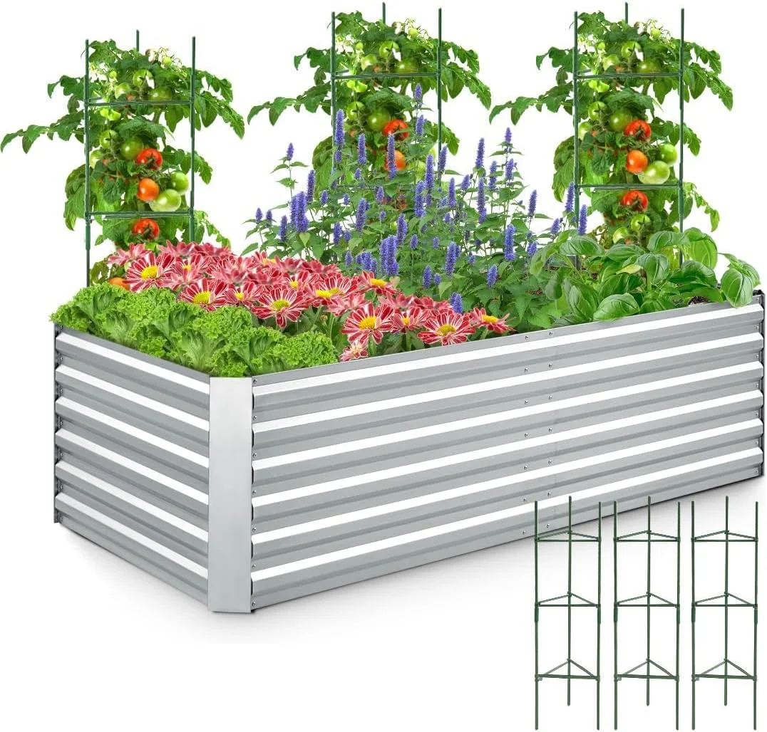6x3x2 Ft Galvanized Raised Garden Bed  Metal Planter Box Bottomless for Backyard, Include 3 pcs Tomato Cages 1 pc Weed Barrier