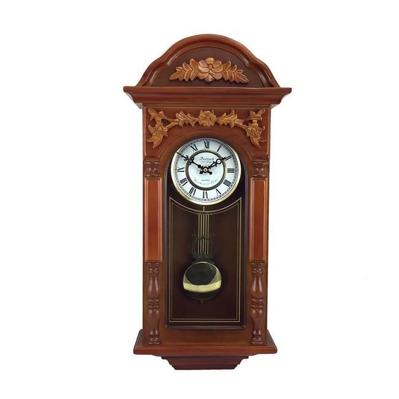 Bedford Clock Collection  27.5 in. Antique Chiming Wall Clock with Roman Numerals, Oak Finish