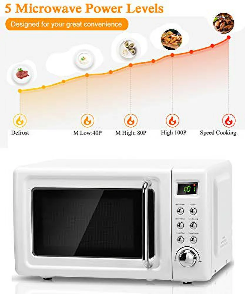 Retro Microwave Oven,Safeplus 0.7Cu.ft, Countertop 700W Microwaves with Cold Rolled Steel Plate 5 Micro Power Defrost & Auto Cooking Function LED Display Glass Turntable and Viewing Window Child Lock