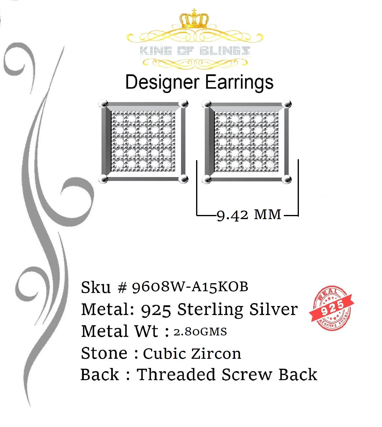 King of Bling's 0.50ct Cubic Zirconia 925 White Sterling Silver Women's Hip Hop Square Earrings