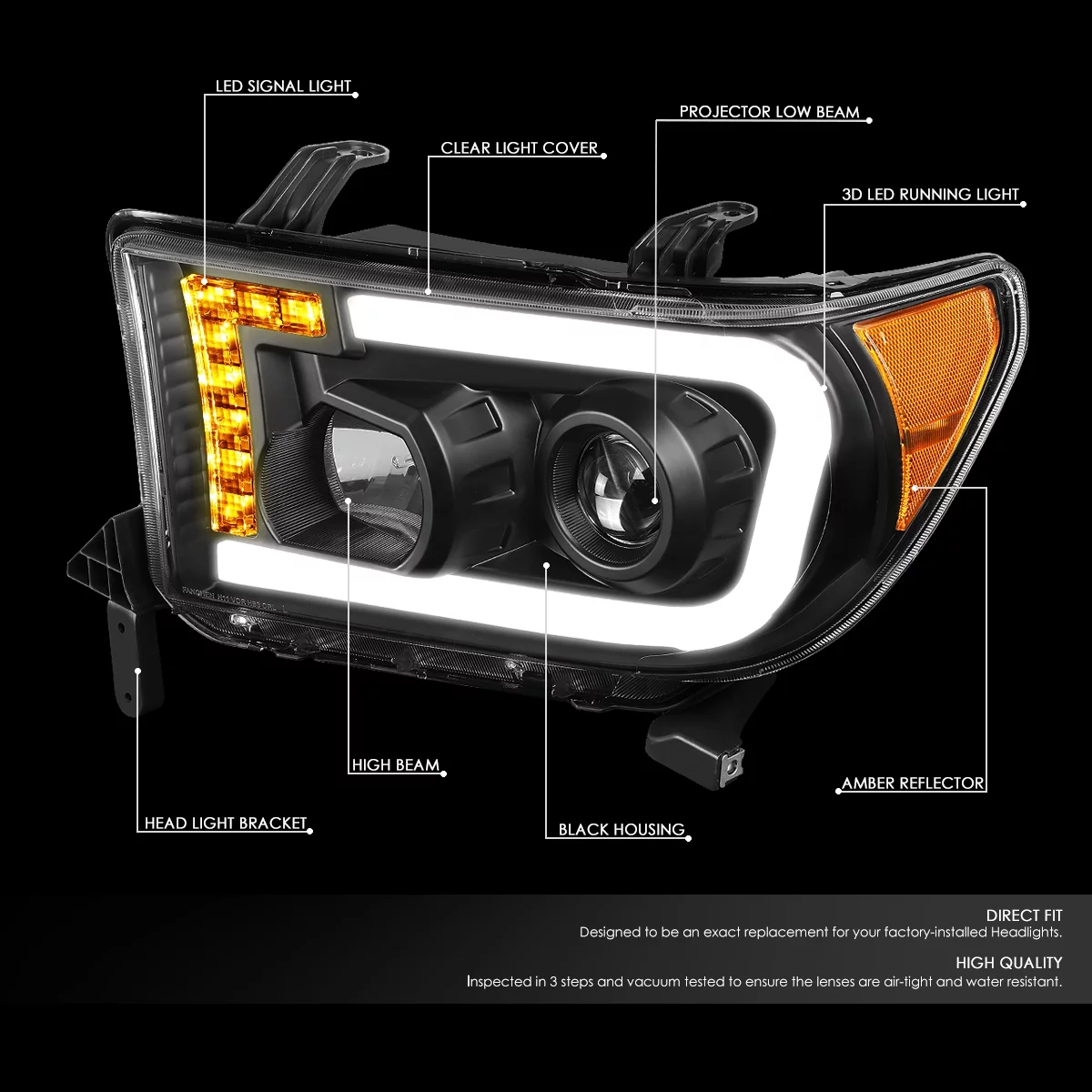 DNA Motoring HL-LB-TT07-BK-AM For 2007 to 2017 Toyota Tundra Sequoia Pair Black Housing Amber Corner LED Turn Signal + DRL Tube Projector Headlight Lamps 08 09 10 11 12 13 14 15 16