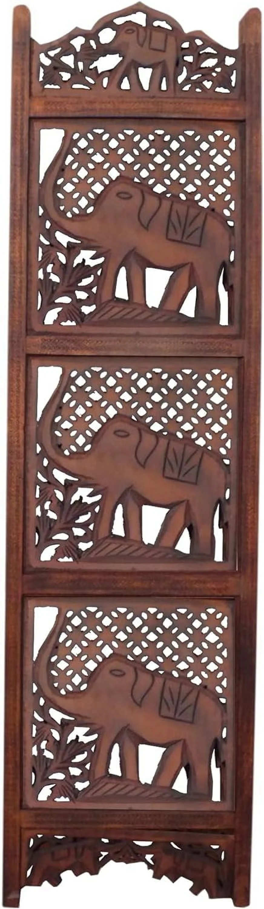 Benzara BM34823 Hand Carved Elephant Design Foldable 4-Panel Wooden Partition Screen/Room Divider, Brown