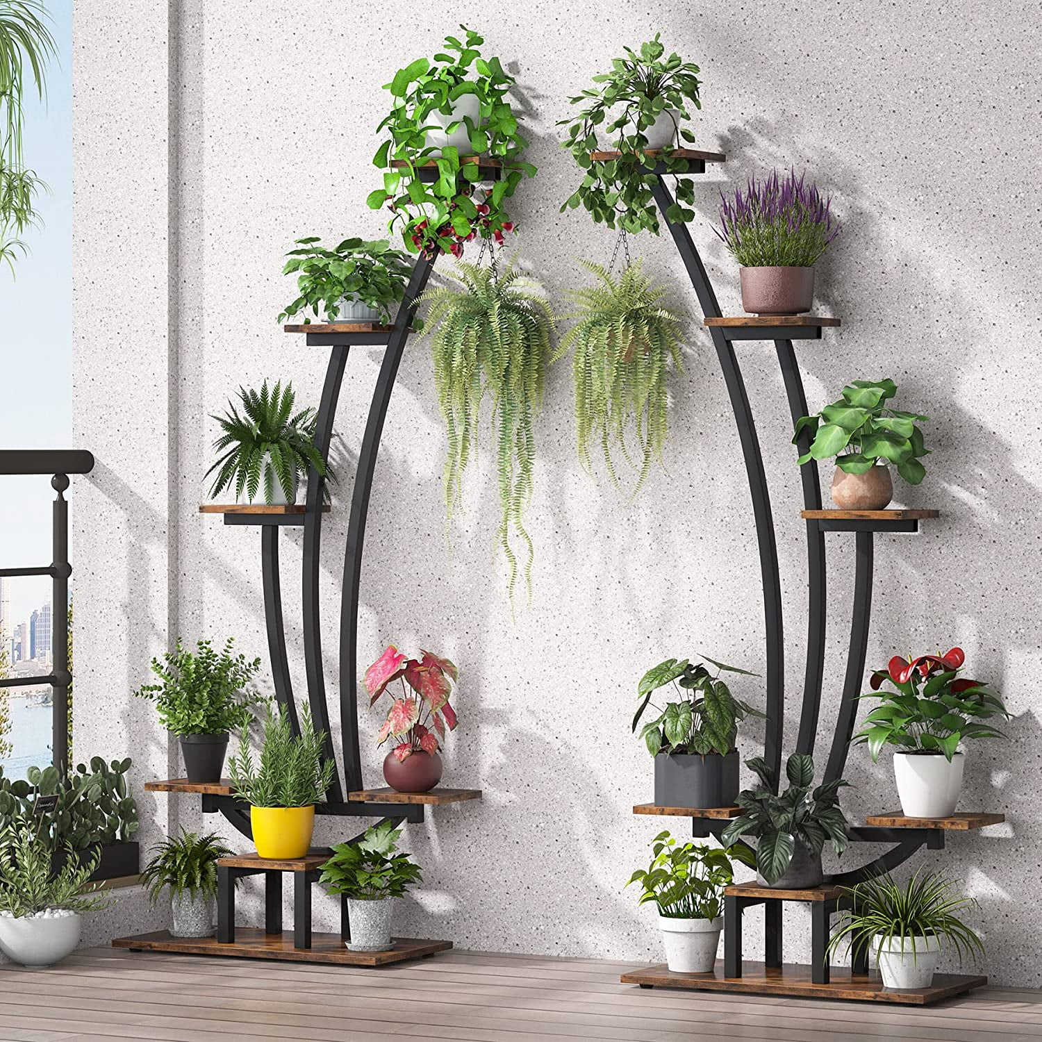 6-Tier Tall Indoor Plant Stand Pack of 2, Metal Curved Display Shelf with 2 Hanging Hooks, Multi-Purpose Bonsai Flower Pots Plant Rack for Indoor, Garden, Balcony, Living Room
